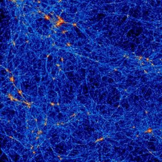 Un espace-temps à 5 dimensions est-il la clé des énigmes de la matière noire ? 5 Formation des premières structures aux débuts de l'Univers. Cette simulation numérique montre la formation des grandes structures par l'effet de la gravité dans un cube d'univers de 150 millions d'années-lumière de côté. L'intensité lumineuse mesure la densité et la couleur, la température croissante du gaz (du bleu au rouge). Chaque point brillant est une galaxie en formation. Au croisement des filaments de matière, se développent les grands amas de galaxies. © Film 3D, Horizon Simulations at MareNostrum 2010, CEA